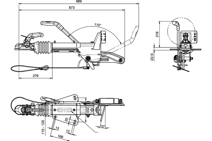 Nájazdové zariadenie KNOTT KF27B so závesom K27A pre príves s hmotnosťou 2700 kg s ojou typu V a podperou oporného kolesa